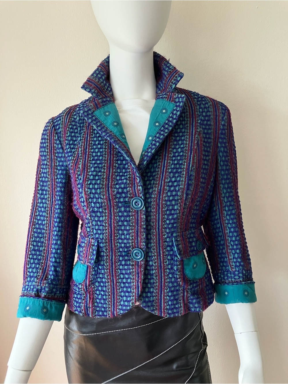 VTG Etro Blue Teal Purple Striped Tweed Blazer